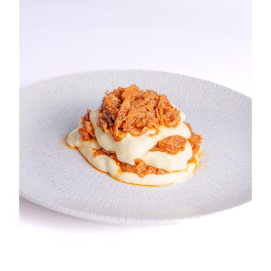 Milhojas de Pulled pork con crema de patatas