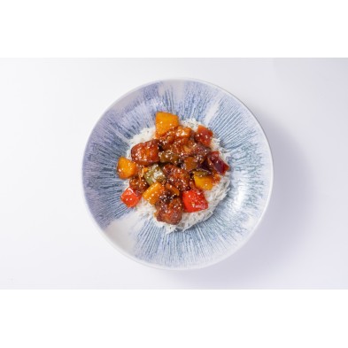 Cerdo agridulce con verduras, piña y arroz basmati - Qchara