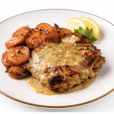Churrasco de pollo al limón con zanahorias asadas