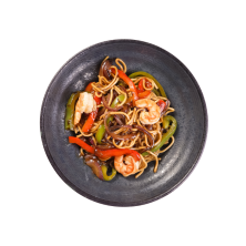 Noodles al wok con langostinos y verduras