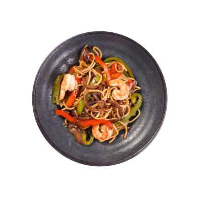 Noodles al wok con langostinos y verduras