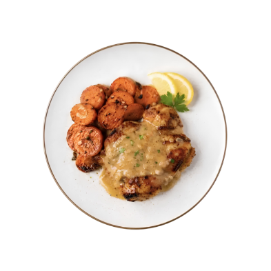 Churrasco de pollo al limón con zanahorias asadas