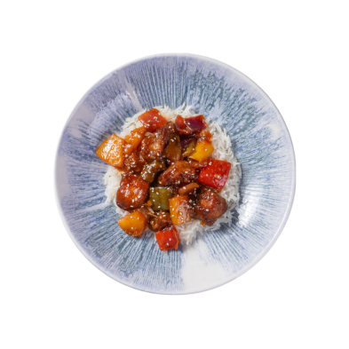 Cerdo agridulce con verduras, piña y arroz basmati - Qchara