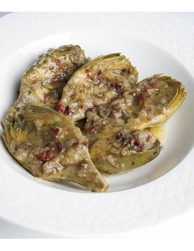 Alcachofas frescas guisadas con jamón ibérico