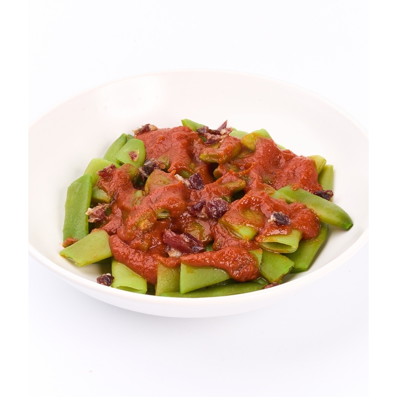 Judías verdes salteadas con jamón y tomate